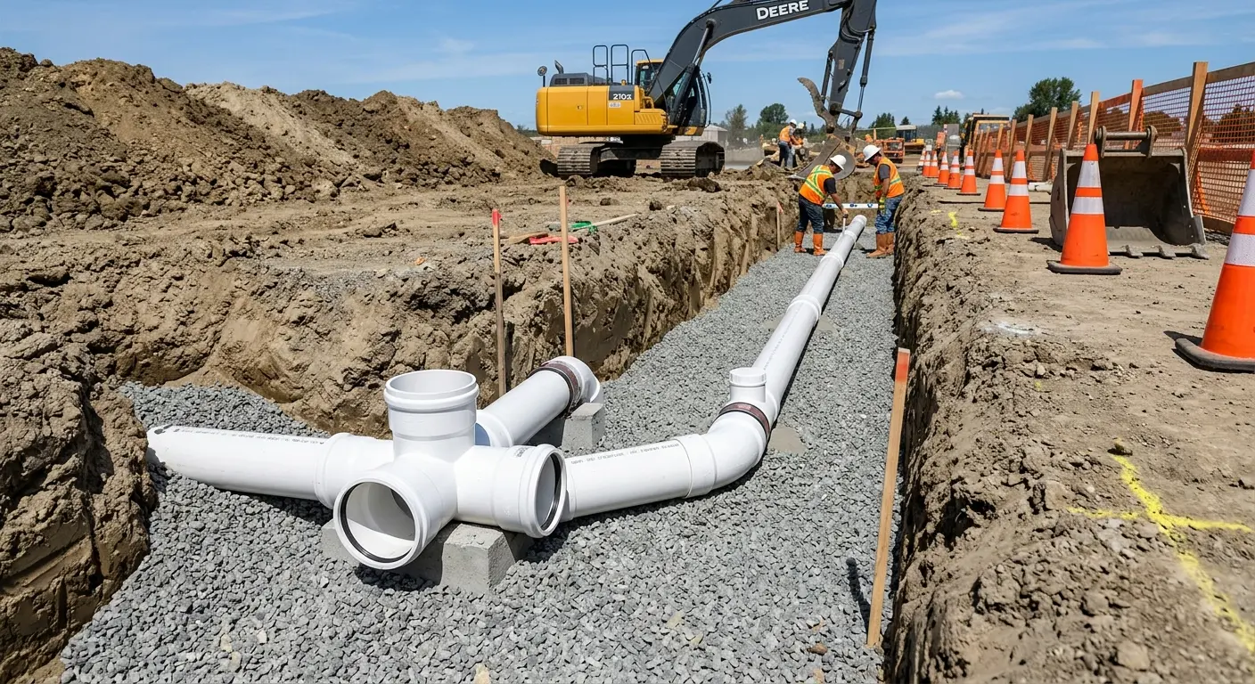 New PVC sewer pipe installation in open trench for Sewer Backup in Reisterstown